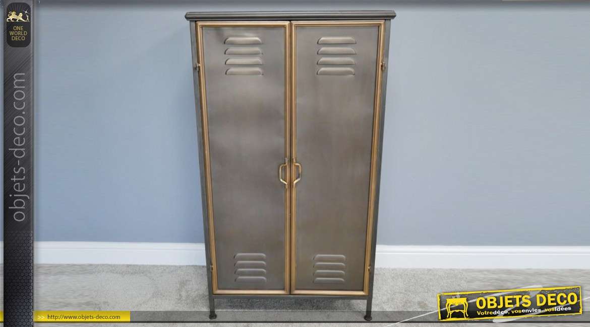 Meuble de rangement en métal, 2 portes style vestaire encadrées doré