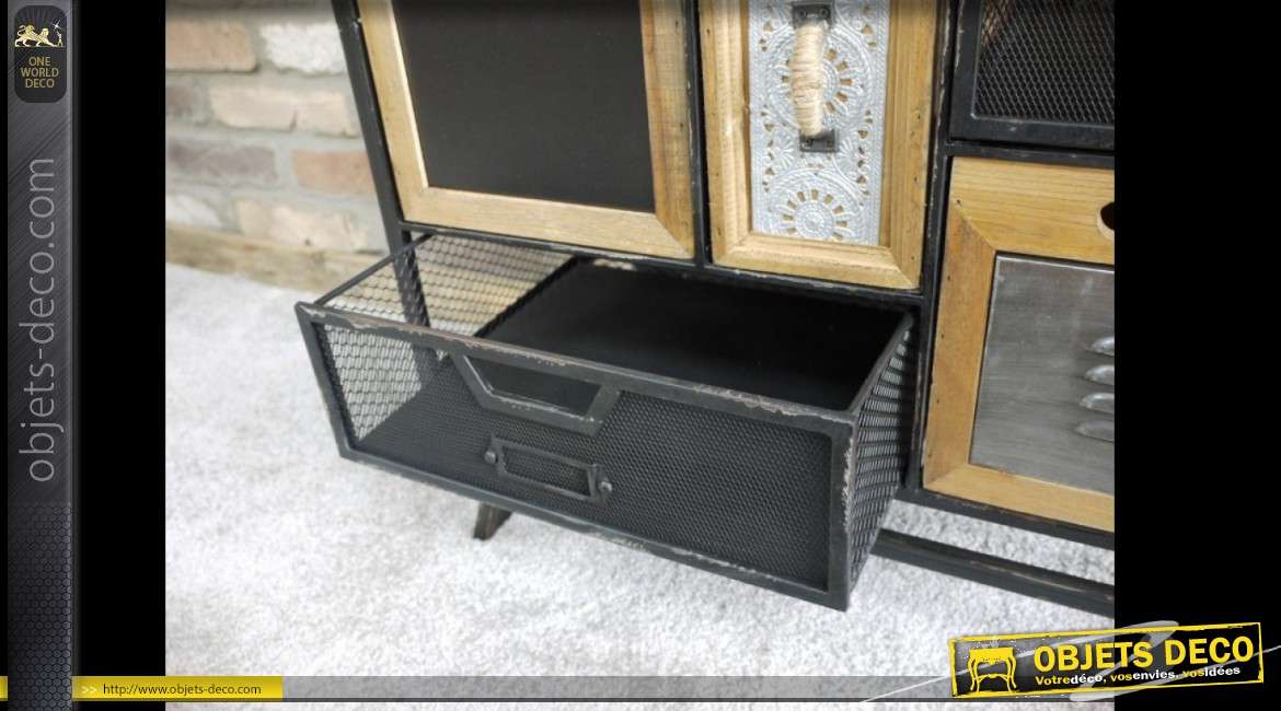 Buffet-console original style indus  bois et métal avec 8 tiroirs