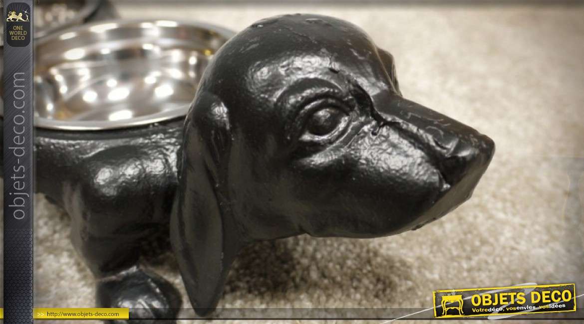 Gamelle double en fonte et inox pour chien forme de basset stylisé