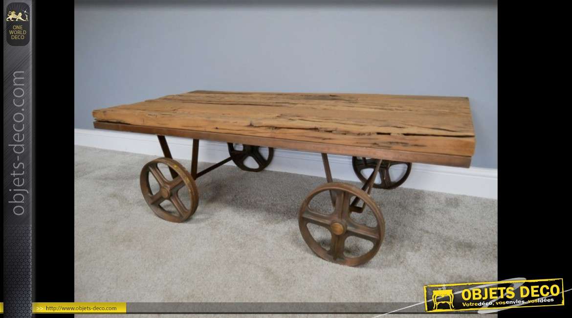 Table basse industrielle bois et métal chariot de mine 120 cm