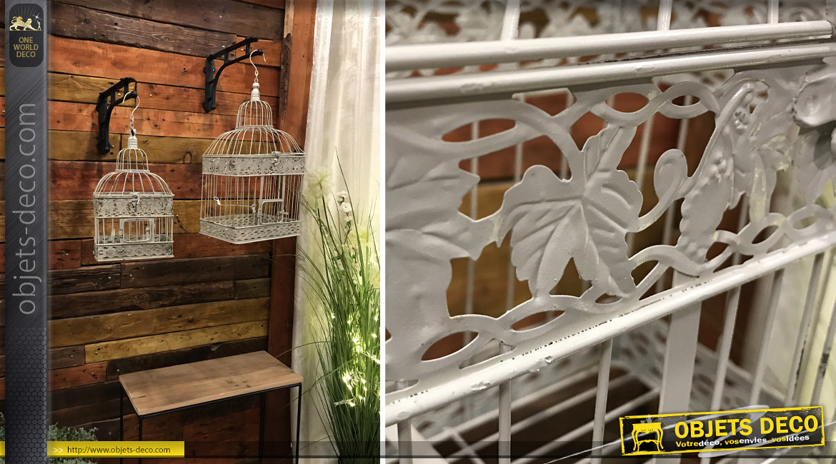 Cages à oiseaux déco beige antique, en métal finition vieilli, de formes carrées