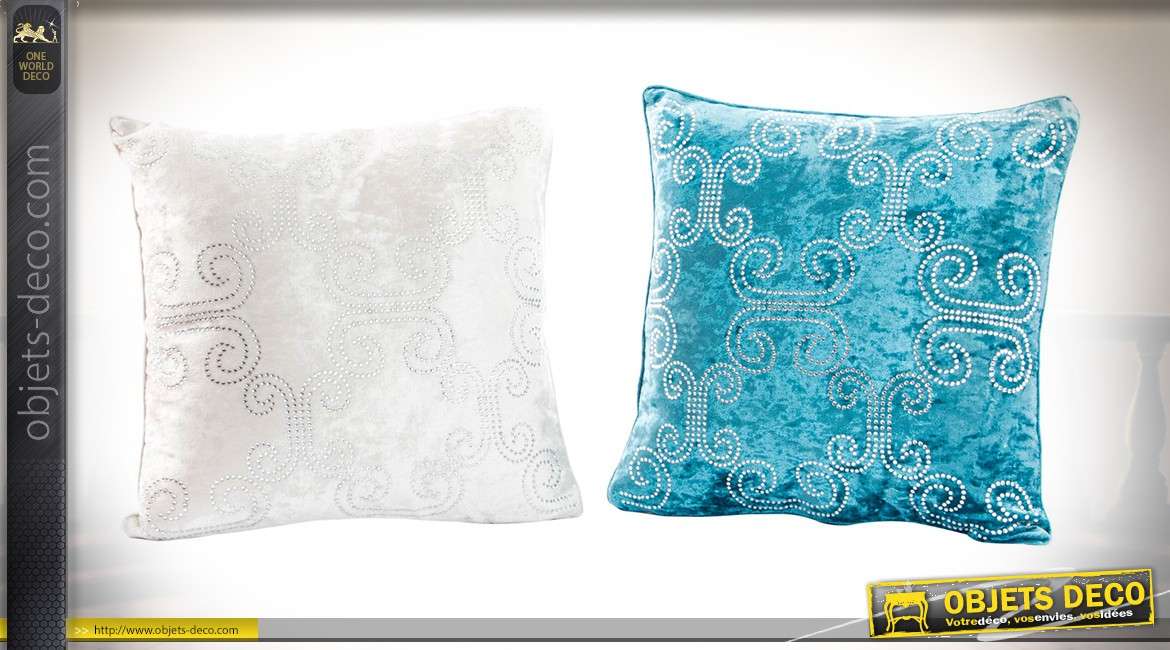 Duo de coussins 45 x 45 cm style indien chic coloris blanc et bleu