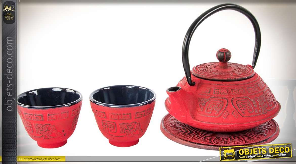 Théière chinoise en fonte coloris rouge avec support circulaire et 2 tasses