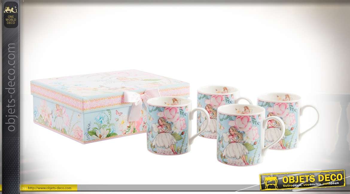 Coffret cadeau et charme avec 4 mugs en porcelaine fine, coloris pastel
