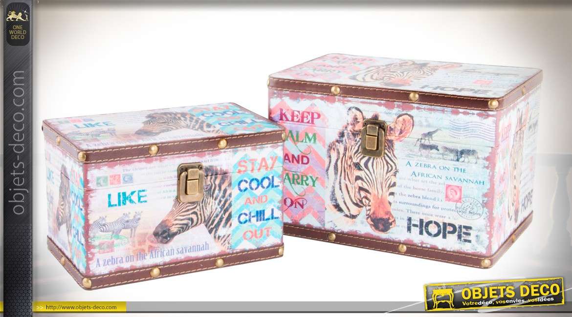 Série de 2 boîtes décoratives en bois et métal : thème rétro et animalier 26 x 18 cm