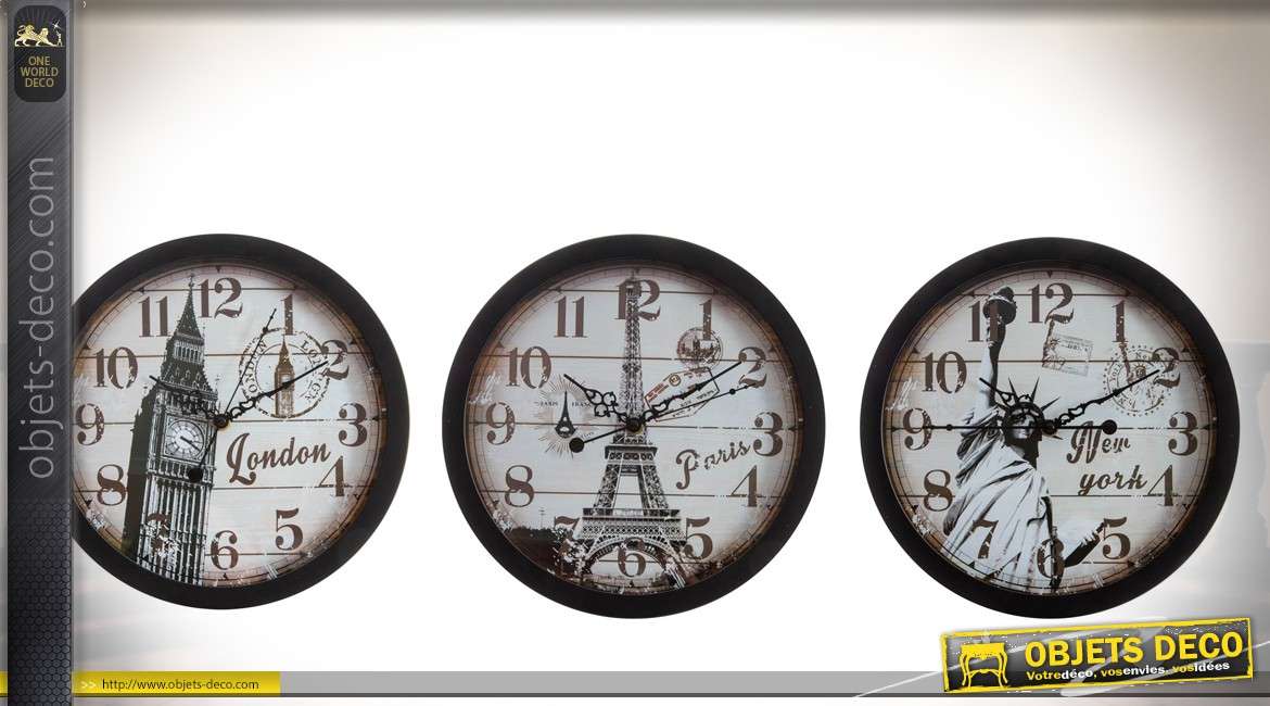 Série de 3 horloges de style vintage : Londres, Paris, New-York