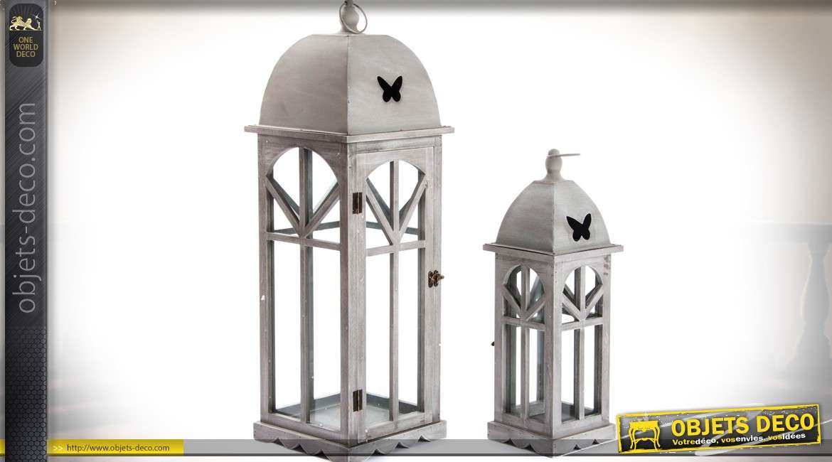Couple de lanternes en bois et métal gris antique à parois fenêtrées 75,5 cm