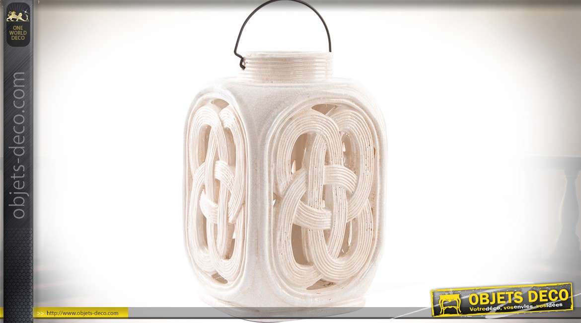 Lanterne bougeoir en céramique coloris ivoire style oriental 33 cm