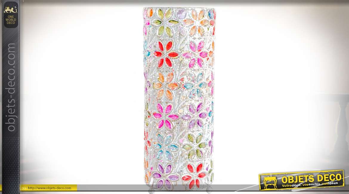 Lampe cylindrique style Indien métal blanc fleurs en gemmes multicolores 50 cm