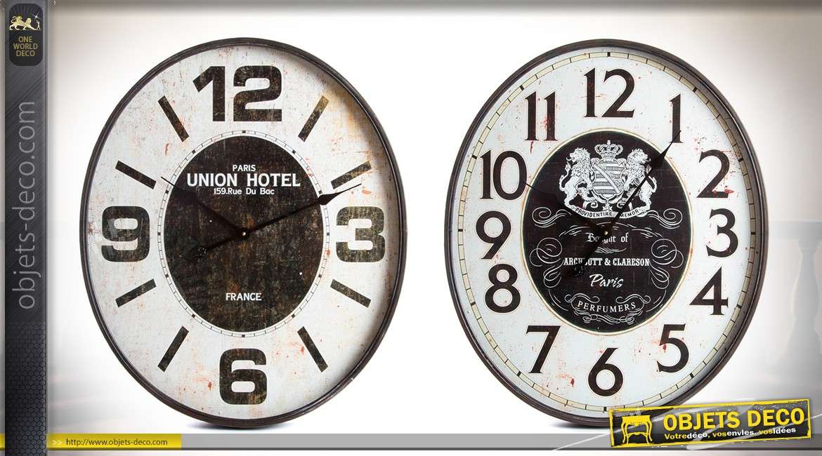 Série de 2 horloges rétro noir et blanc ovales en métal de style rétro 70 cm