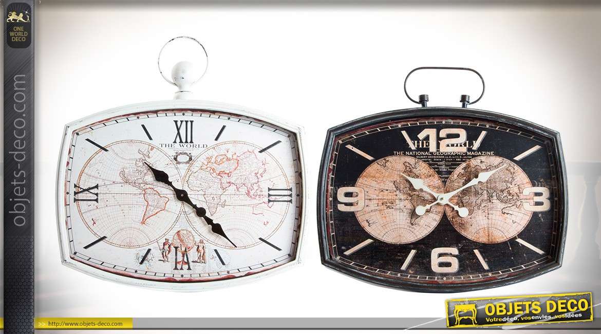 Série de 2 horloges rétro avec motifs de planisphères coloris noir et blanc 60 cm