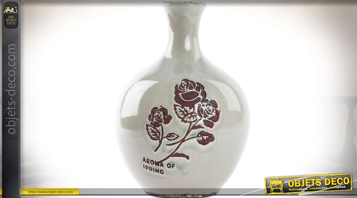Vase de style romantique en céramique grège clair avec motifs roses 32,5 cm