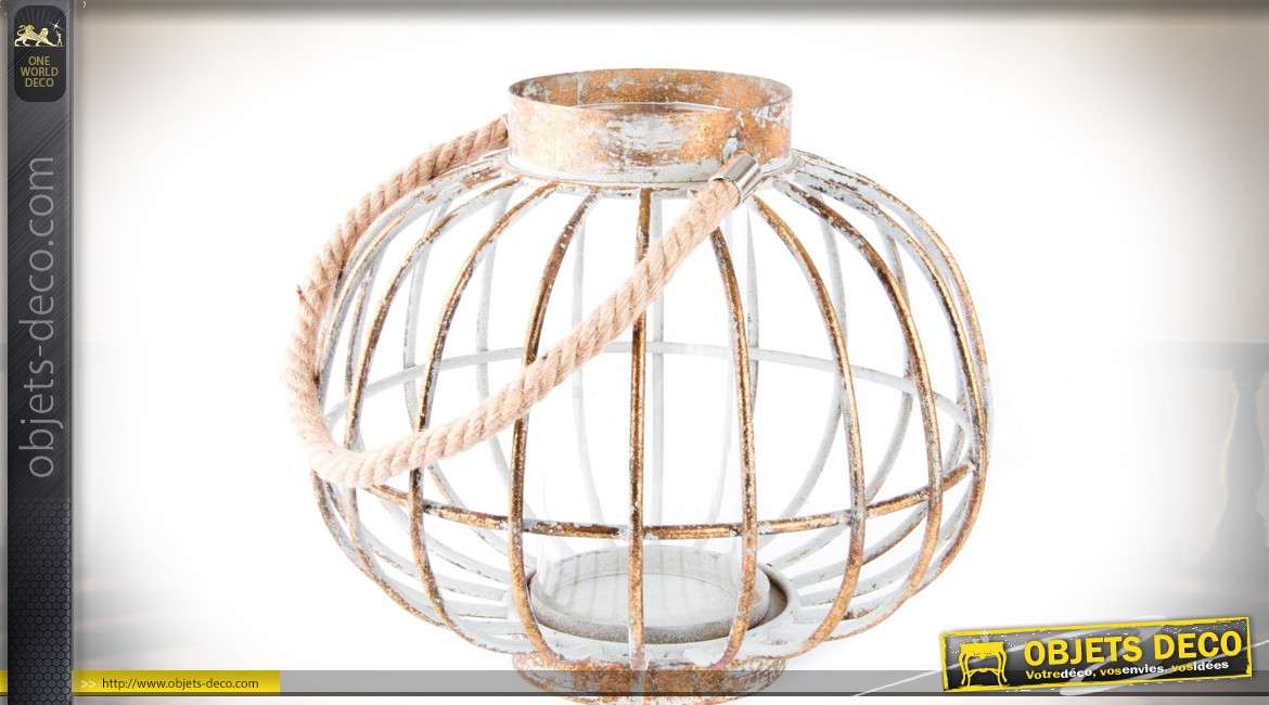 Lanterne bougeoir de table en métal, verre et cordage Ø 30,5 cm