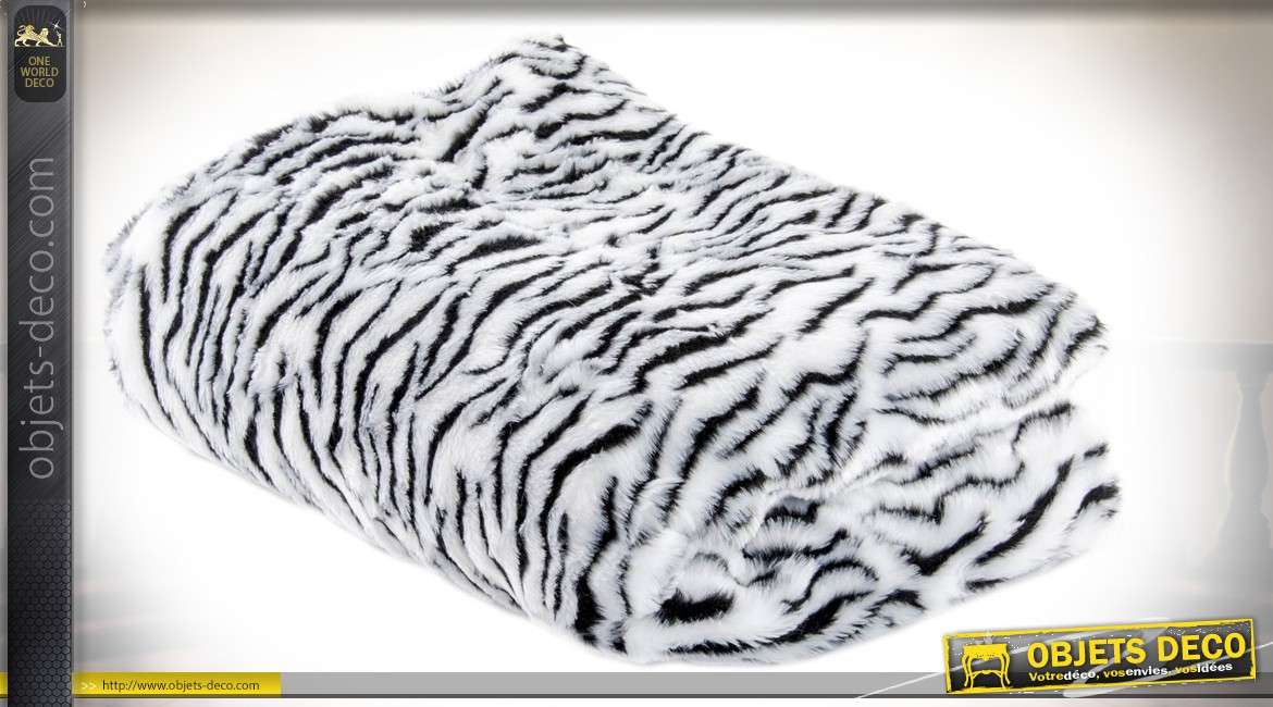 Plaid en fausse fourrure style tigre blanc, en acrylique toucher ultra doux 170 cm