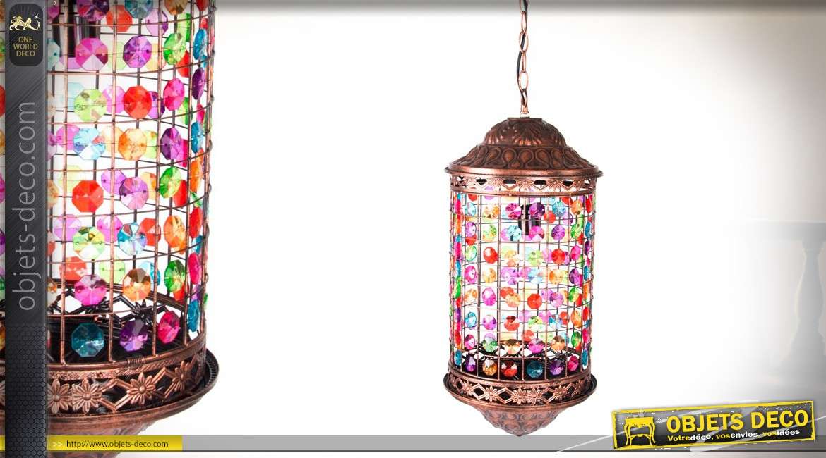 Suspension lanterne cylindrique métal cuivré et pampilles multicolores 65 cm