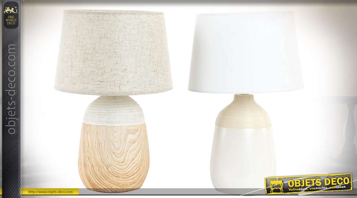 Série de 2 lampes à poser en céramique blanche et imitation bois naturel 44 cm
