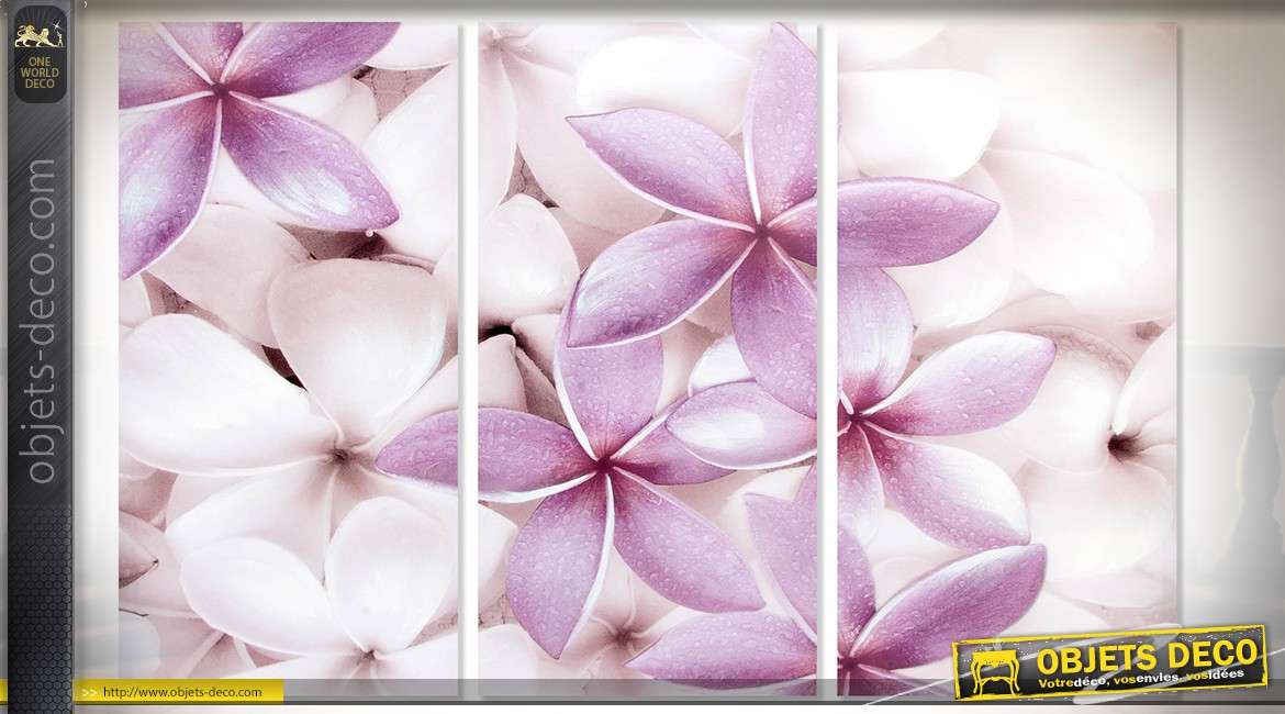 Tableau en triptyque sur toile et châssis bois : fleurs blanches et violettes 81 cm