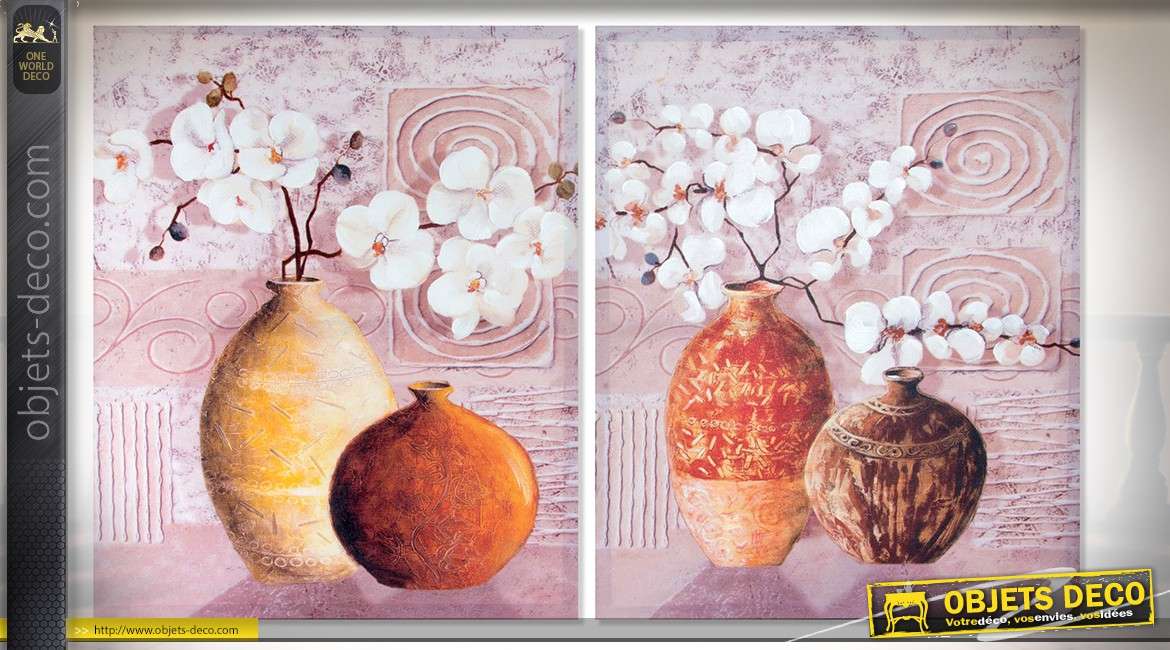 Série de 2 tableaux 75 x 60 sur toiles, thème fleurs, vases et nature morte