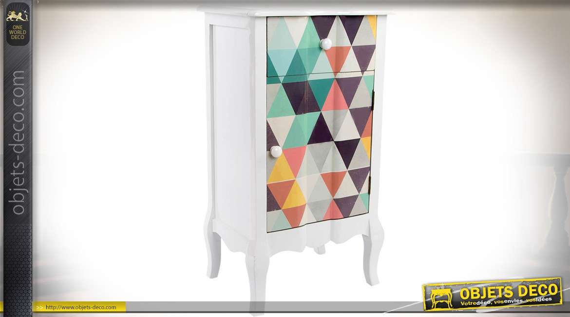 Table de chevet Art Déco avec 1 porte et 1 tiroir motifs en triangles