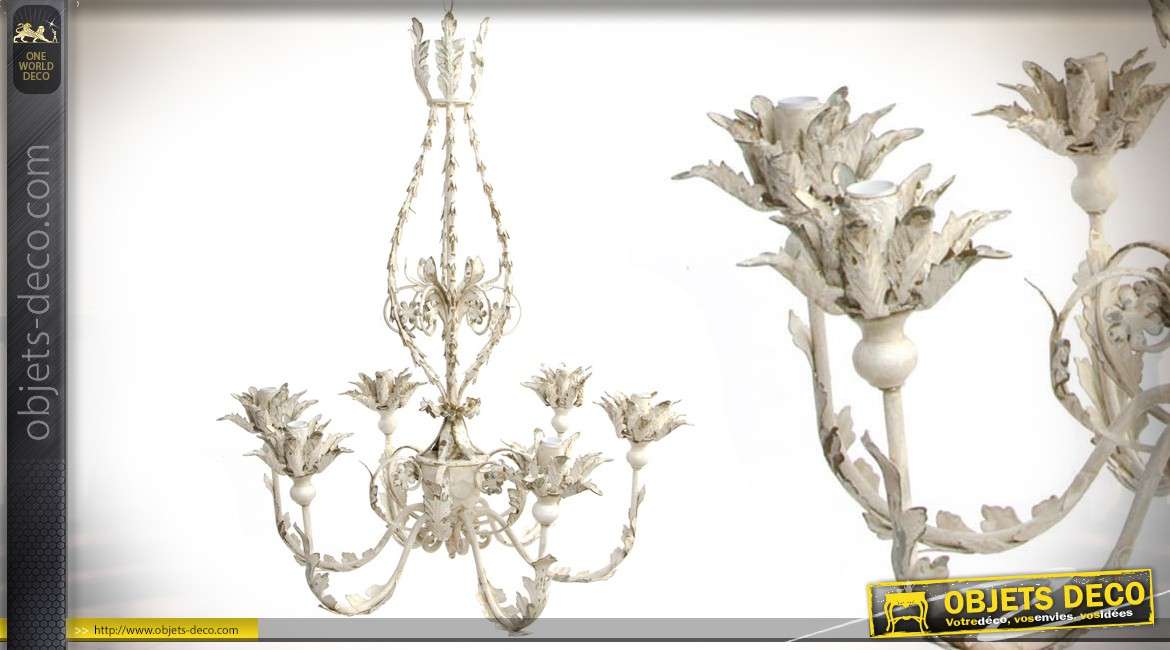 Lustre 6 bras en métal de style romantique et floral blanc vieilli Ø 70 cm