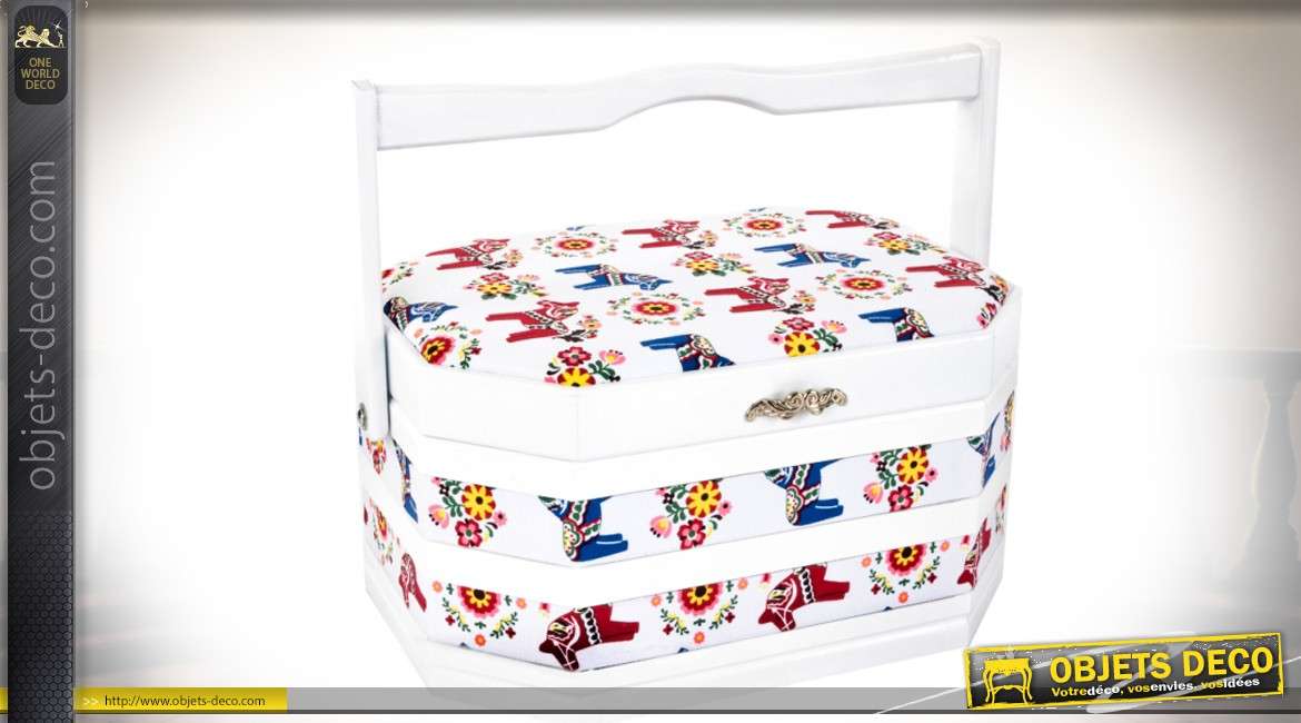 Boîte à couture en bois forme hexagonale coloris blanc à motifs multicolores enfantins