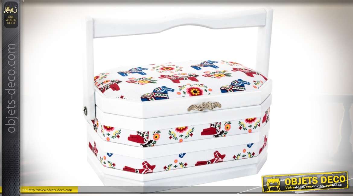 Boîte à couture hexagonale, coloris blanc, avec illustrations stylisées 27 cm