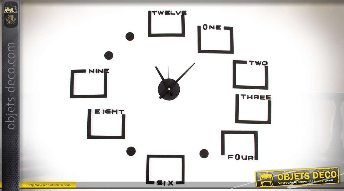 Horloge en stickers muraux avec 8 cadres photos coloris noir Ø 90 cm