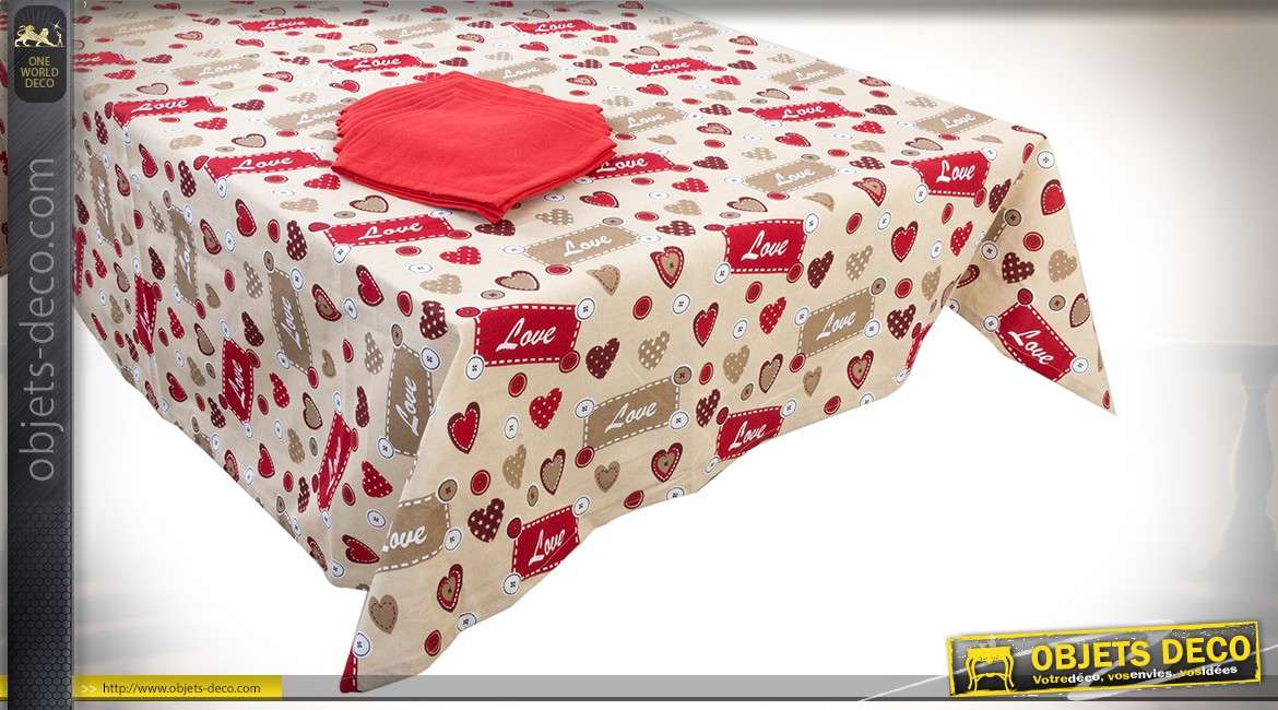 Nappe carrée 150 x 150 avec 4 serviettes, en coton motifs Love et coeurs