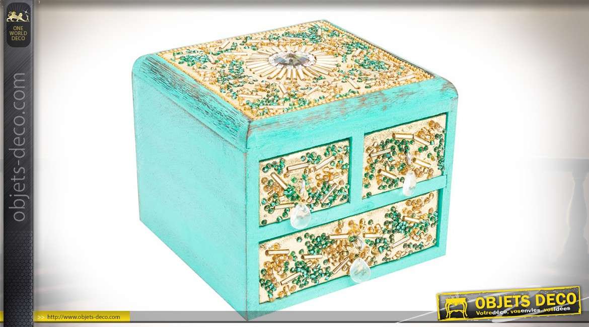 Boîte à bijoux à trois tiroirs coloris turquoise et ornementations plantes stylisées