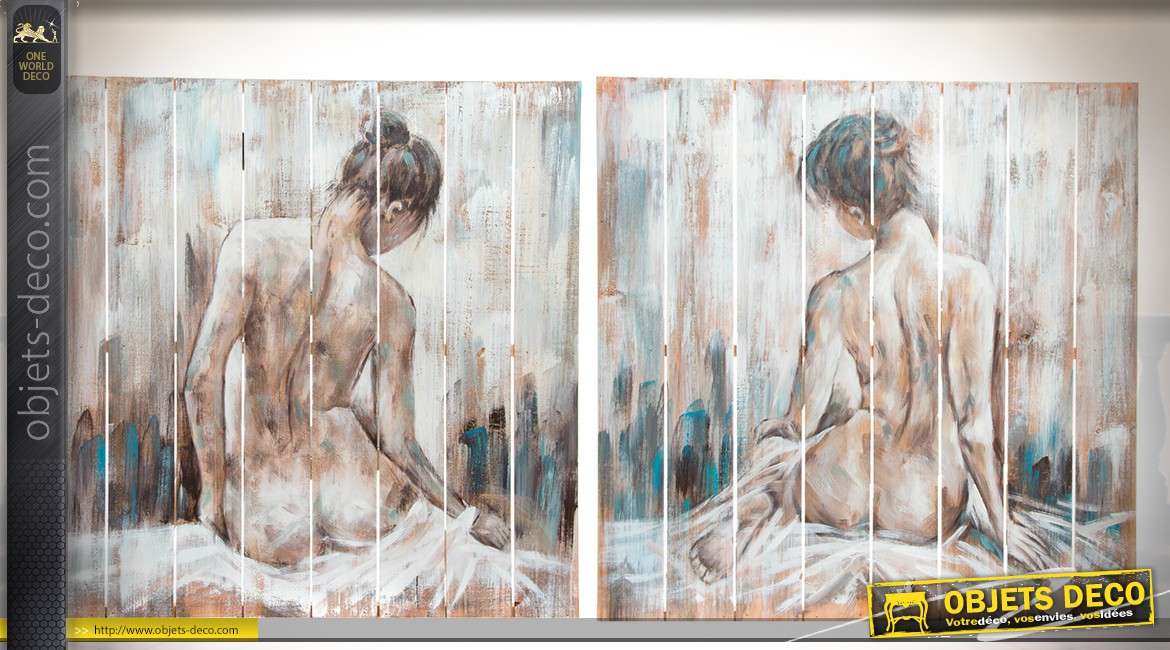 Série de deux peintures de nus sur toiles, effet panneaux bois, 80 x 80 cm