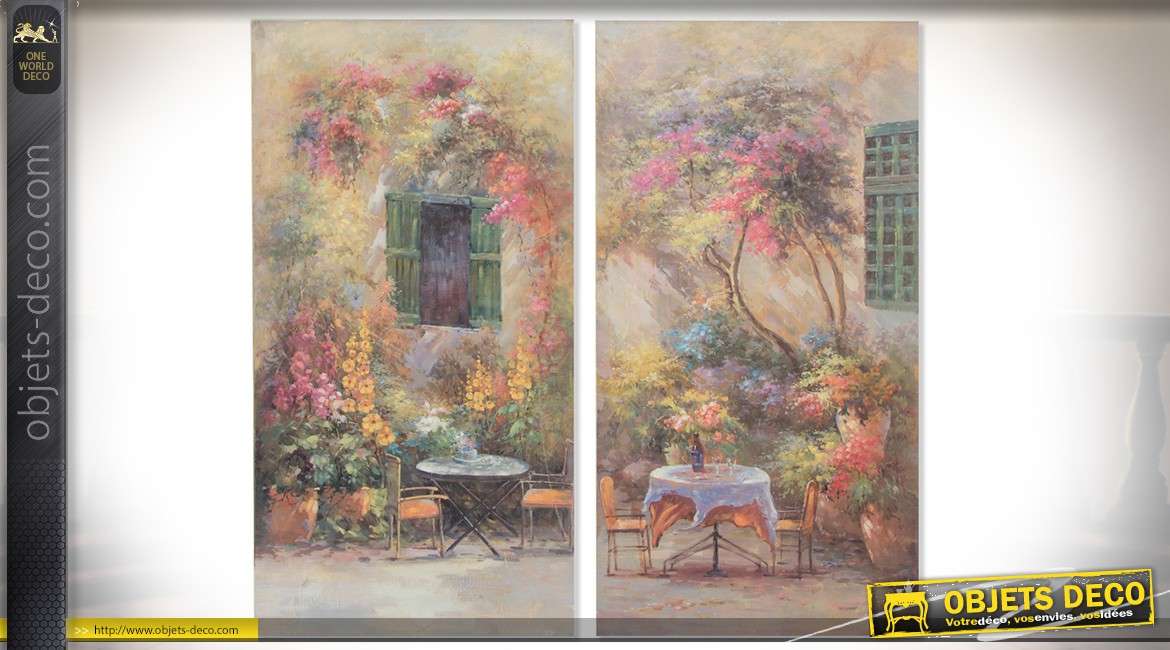 Duo de grands tableaux sur toile de scènes champêtres et florales 100 x 50 cm