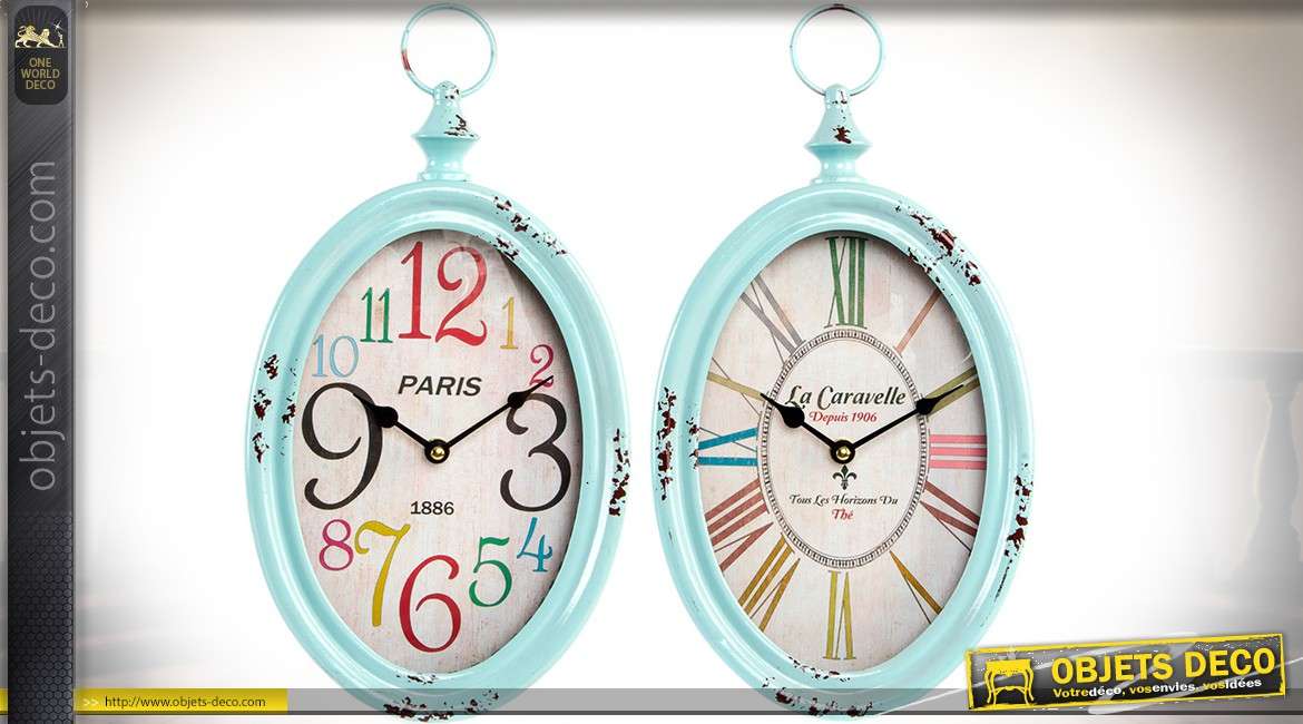 Duo d'horloges en métal ovales de style rétro coloris turquoise effet vieilli 33 cm