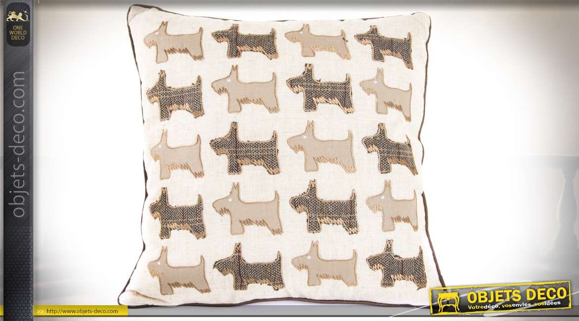 Coussin décoratif lin et coton à motifs de chiens disposés en quadrillage 45 x 45 cm