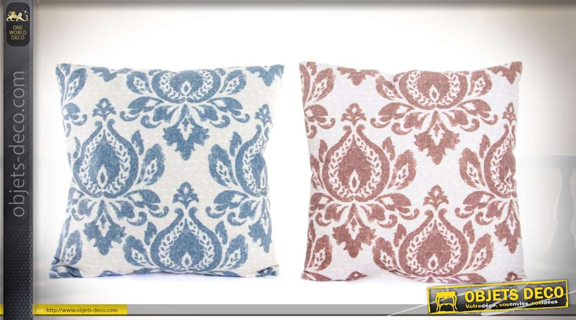 Duo de coussins  à motifs rétro façon tapisserie ancienne bleu denim et rouge ocre