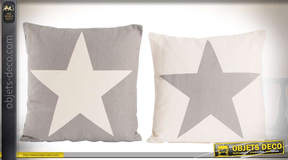 Duo de coussins en coton, motifs à étoiles, coloris gris et crème clair 40 x 40 cm