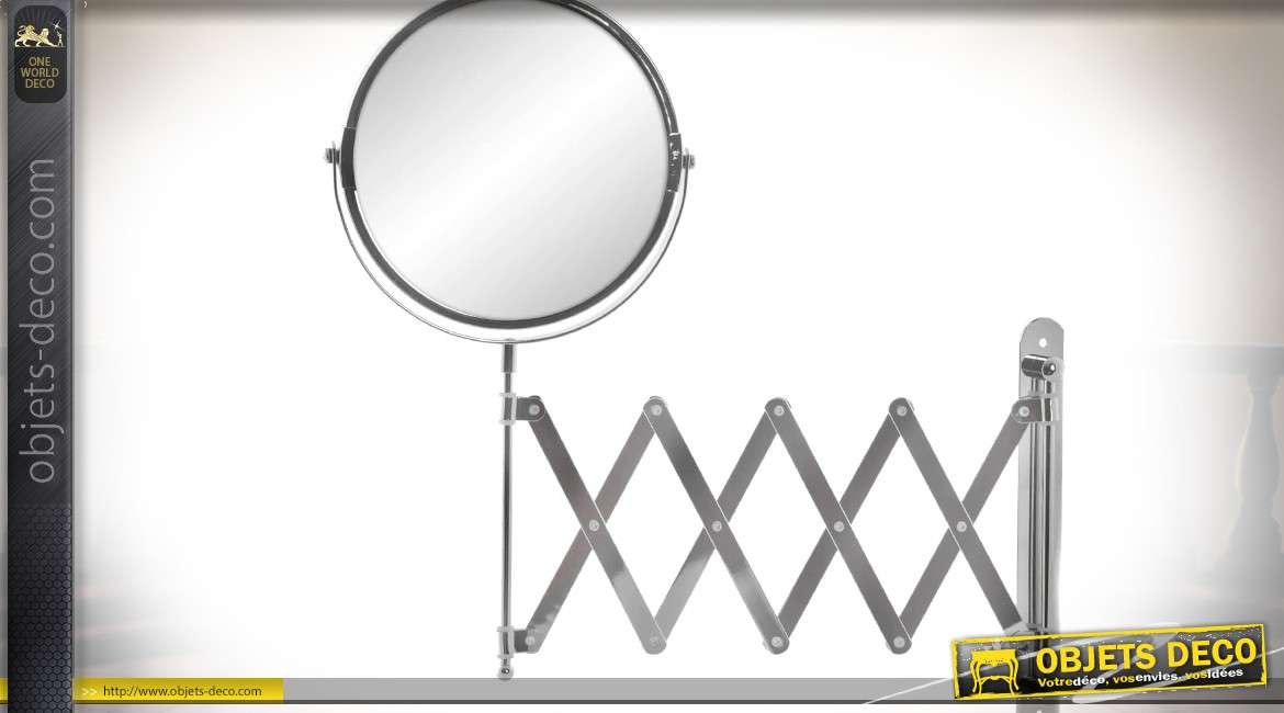 Miroir cosmétique rond en métal monté sur bras extensible finition chromée