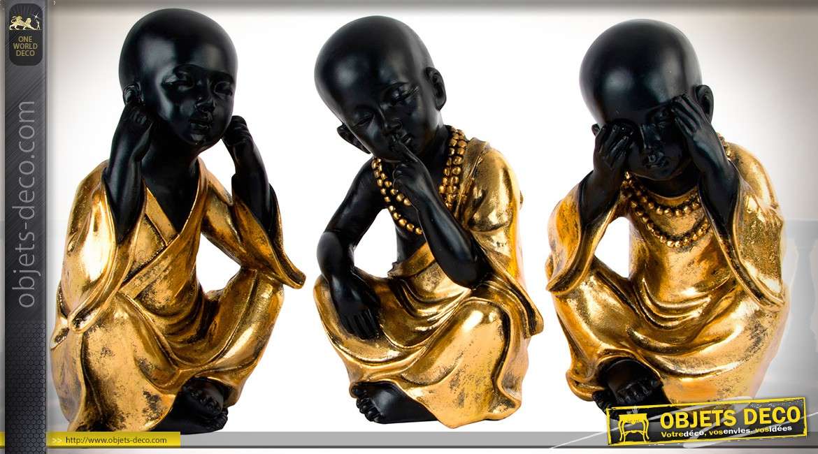 Ensemble de trois statuettes de moines bouddhistes noir et or : 31 cm