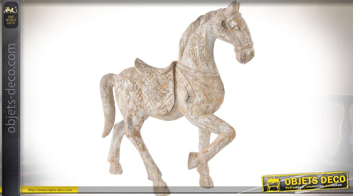 Statuette de cheval en résine imitatin bois effet vieilli et blanchi 45 cm