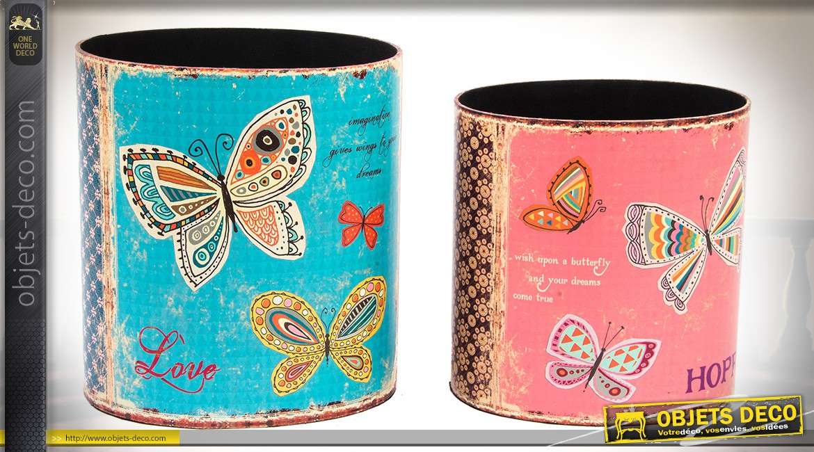Corbeilles à papier cylindriques en bois style rétro à motifs de papillons