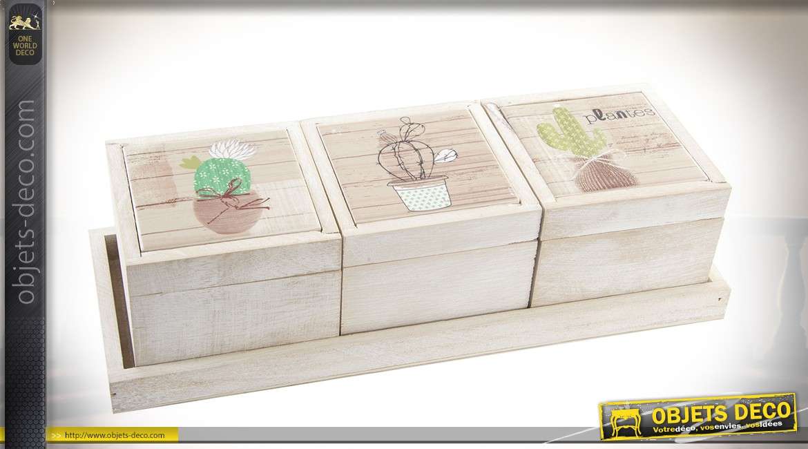 Série de 3 boîtes et plateau, bois clair illustrations sur le thème des cactus 35 cm