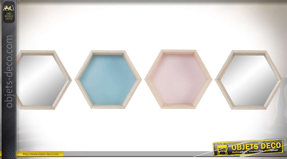 Série de 4 étagères murales hexagonales bois clair teintes pastel et miroir Ø 31 cm