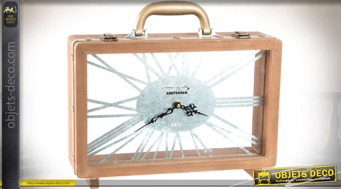 Horloge à poser en forme de valise ancienne cadran effet design gris clair 35 cm