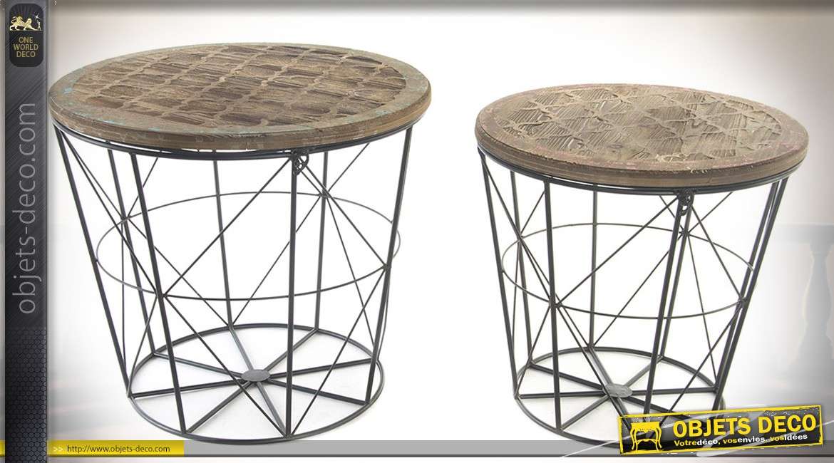 Duo de tables basses rondes en bois et métal plateau effet bois vieilli gaufré