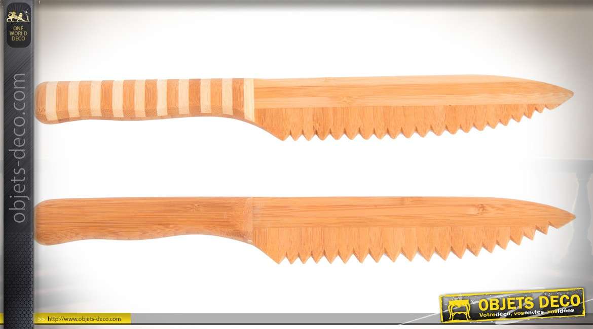 Série de 2 grands couteaux décoratif en bambou finition bois naturel 30 cm