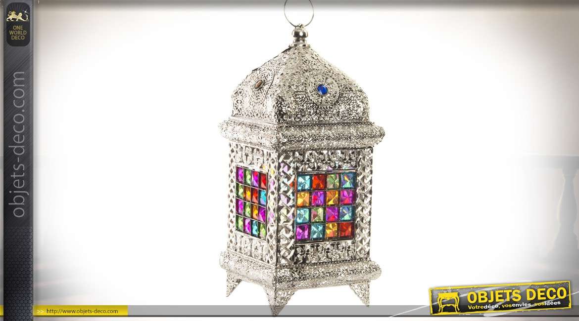 Lampe de table métal argenté et brillants multicolores style lanterne orientale 41 cm