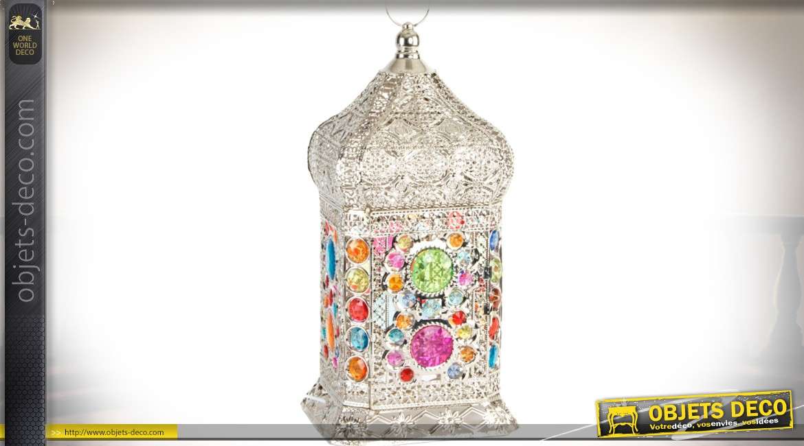Lampe de table lanterne en métal argenté avec cabochons multicolores 42 cm