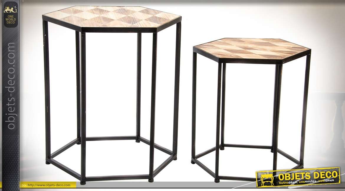 Série de 2 tables basses octogonales métal noir et bois à marqueterie en losanges