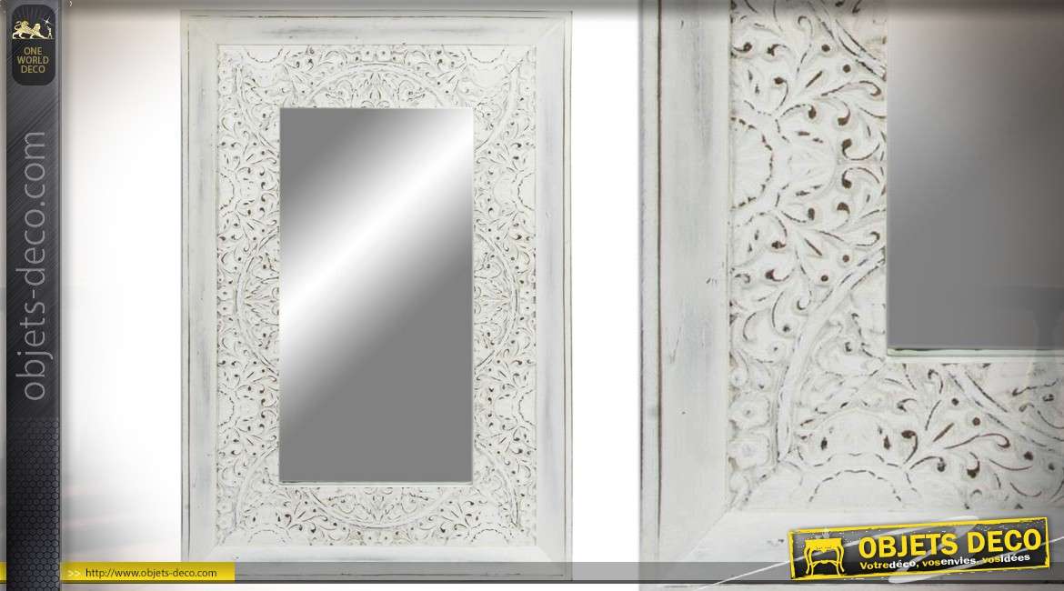 Miroir rectangulaire blanc en bois sculpté style oriental 90 cm