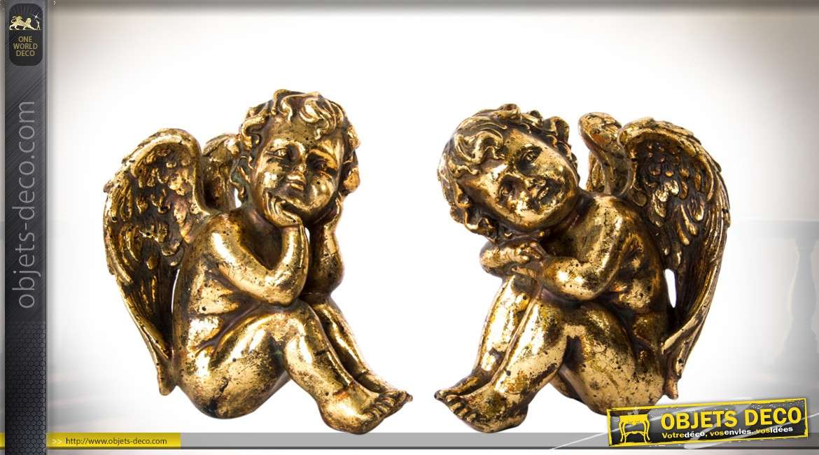 Couple de statuettes d'anges finition dorée et vieillie 14 cm