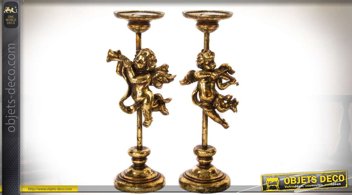 Paire de chandelier de style classique dorés avec anges musiciens 32 cm